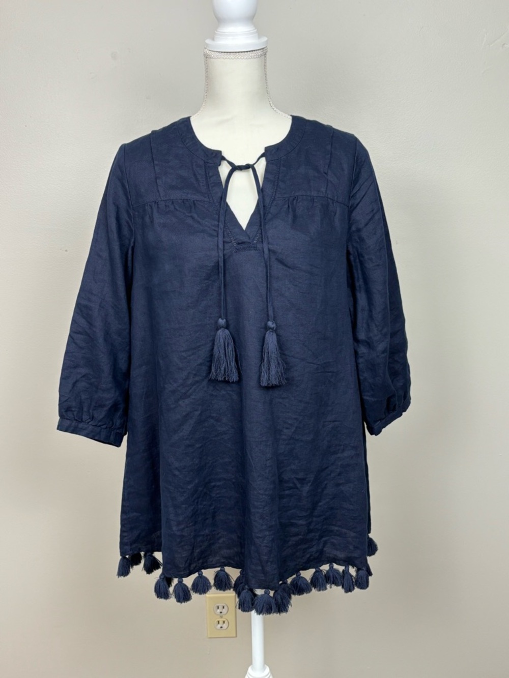 Crown & Ivy Top Womens Small Blue 100% Linen Coastal Bohemian Pullover Tunic